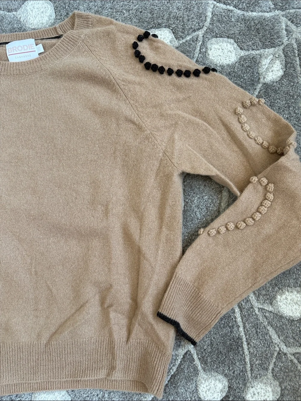 Brodie Cashmere Beige Crewneck Sweater with Bead Embellishments